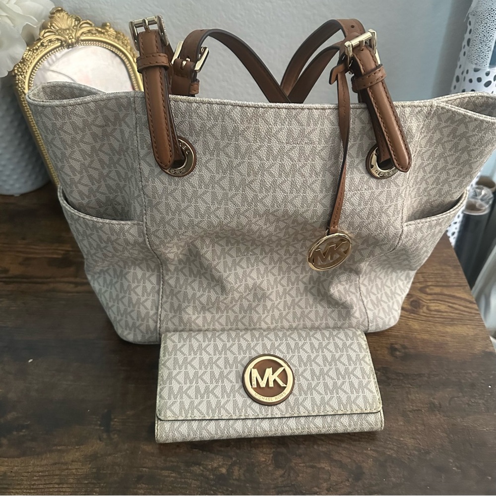 Michael Kors Cream and Brown Tote Bag with Wallet